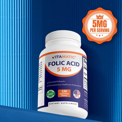 Vitamatic Folic Acid 5 mg (5,000 mcg) - 240 Vegetarian Tablets (2 Pack of 120)