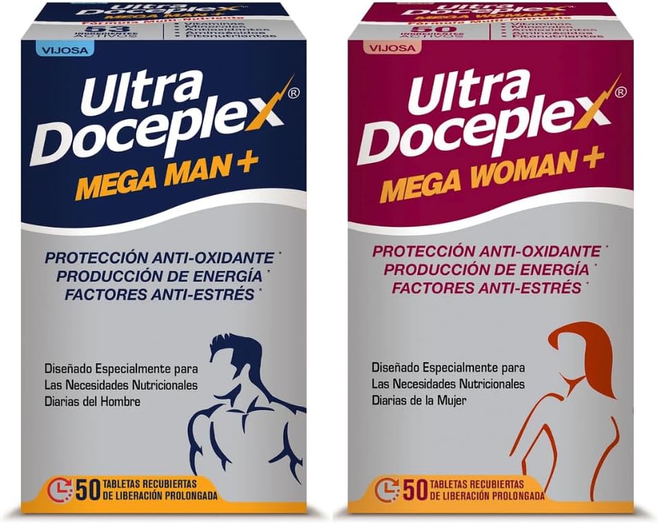 Ultra Doceplex Mega Man+ & Mega Woman+ – Tailored Multivitamin Duo for Men and Women – 50 Prolonged-Release Tablets Each – Energy, Stress, and Antioxidant Support - görsel 1