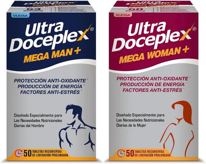 Ultra Doceplex Mega Man+ & Mega Woman+ – Tailored Multivitamin Duo for Men and Women – 50 Prolonged-Release Tablets Each – Energy, Stress, and Antioxidant Support