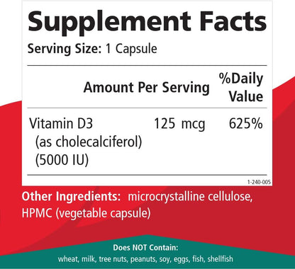 Pure Essence Labs Vitamin D3 5000 IU – 30 Vegetarian Capsules