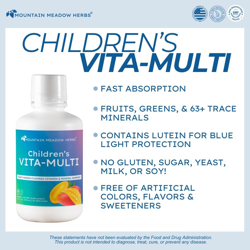 Mountain Meadow Herbs Children's Vita-Multi: Blended Vitamin & Mineral Supplement - Fast-Absorbing Liquid Kids Vitamins with Fruits, Greens, and Lutein for Eye Support (473 ml) - görsel 2