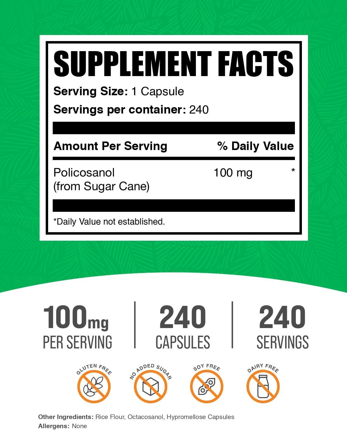BulkSupplements.com Policosanol Capsules - from Sugar Cane, Policosanol 100mg - Gluten-free, 1 Capsule per Serving, 240 Capsules - görsel 2