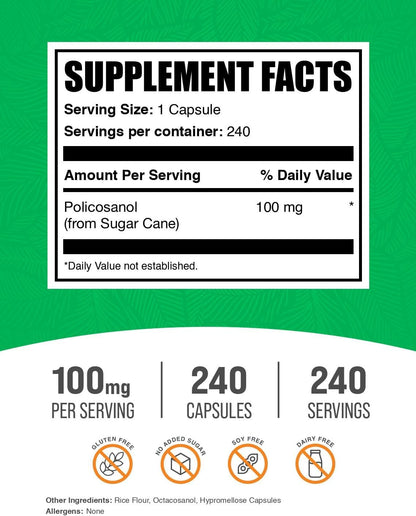 BulkSupplements.com Policosanol Capsules - from Sugar Cane, Policosanol 100mg - Gluten-free, 1 Capsule per Serving, 240 Capsules