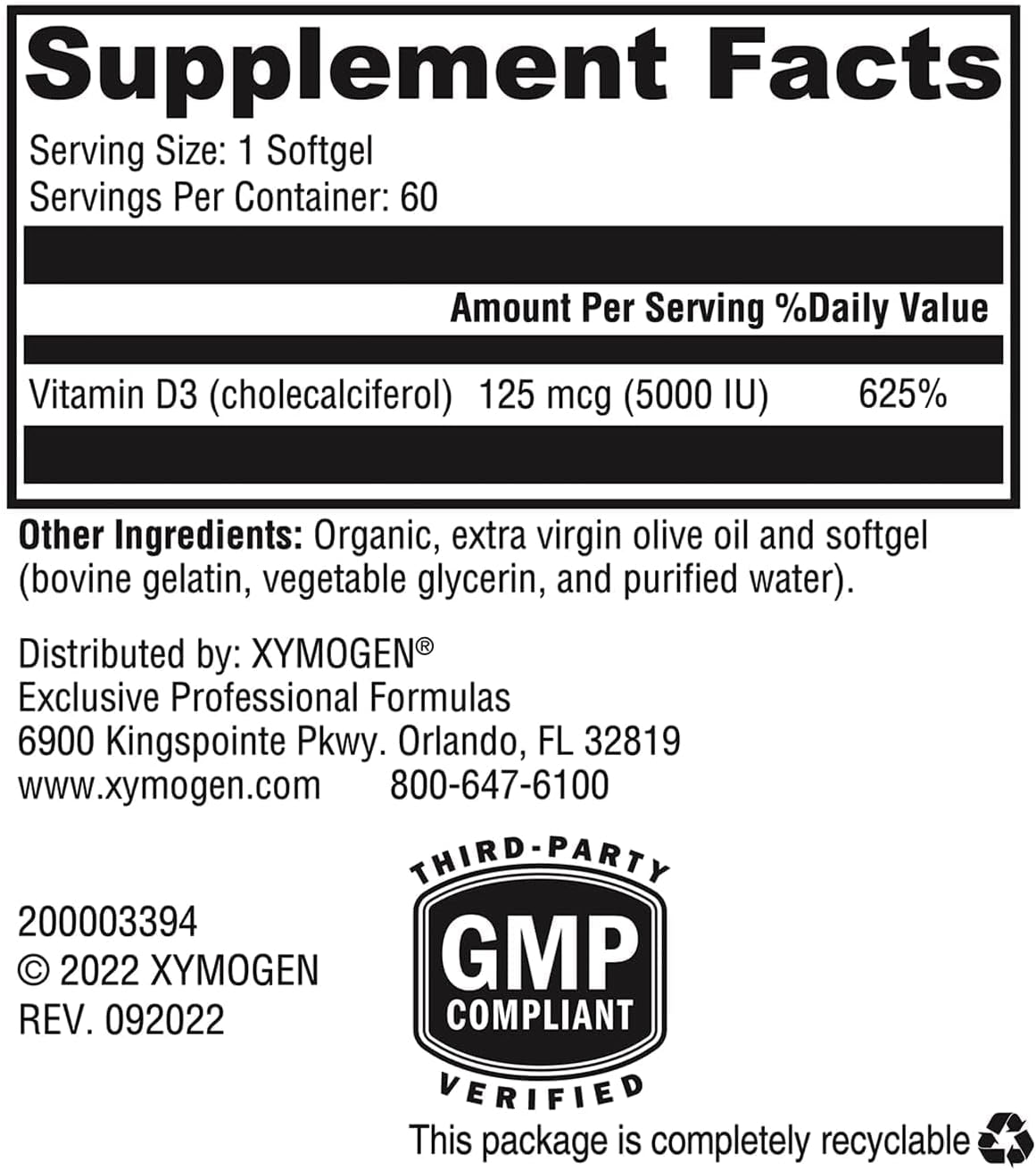 XYMOGEN D3 5000 - Bio-available Vitamin D3 5000 IU (125 mcg) - High Strength Vitamin D Food Supplement, 60 Softgels - görsel 2