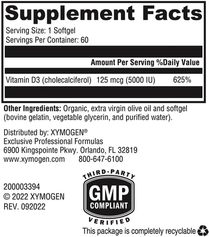 XYMOGEN D3 5000 - Bio-available Vitamin D3 5000 IU (125 mcg) - High Strength Vitamin D Food Supplement, 60 Softgels