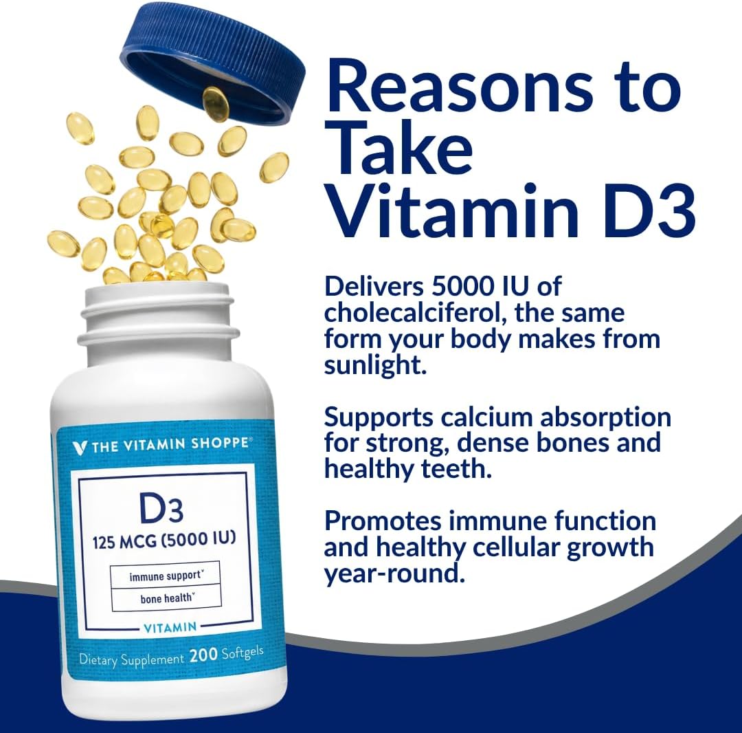 The Vitamin Shoppe Vitamin D3 5000 IU Supplement, Bone, Immune and Cellular Health Support for Men and Women, Gluten-free, Dairy-free, 200 Soft Capsules - görsel 4