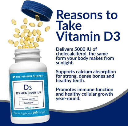The Vitamin Shoppe Vitamin D3 5000 IU Supplement, Bone, Immune and Cellular Health Support for Men and Women, Gluten-free, Dairy-free, 200 Soft Capsules