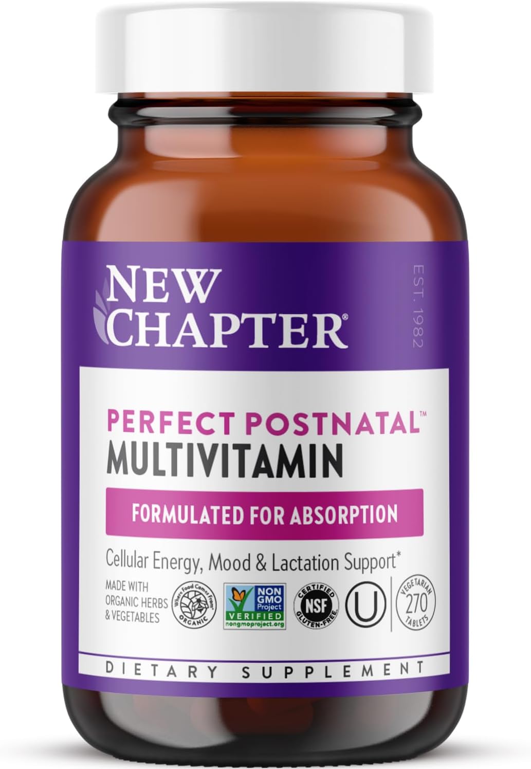 New Chapter Postnatal Vitamins Lactation Supplement, Complete Multivitamin with Fermented Vitamin D3 + B Vitamins, Made with Organic Vegetables & Herbs, Non-GM, 270 Count - görsel 1