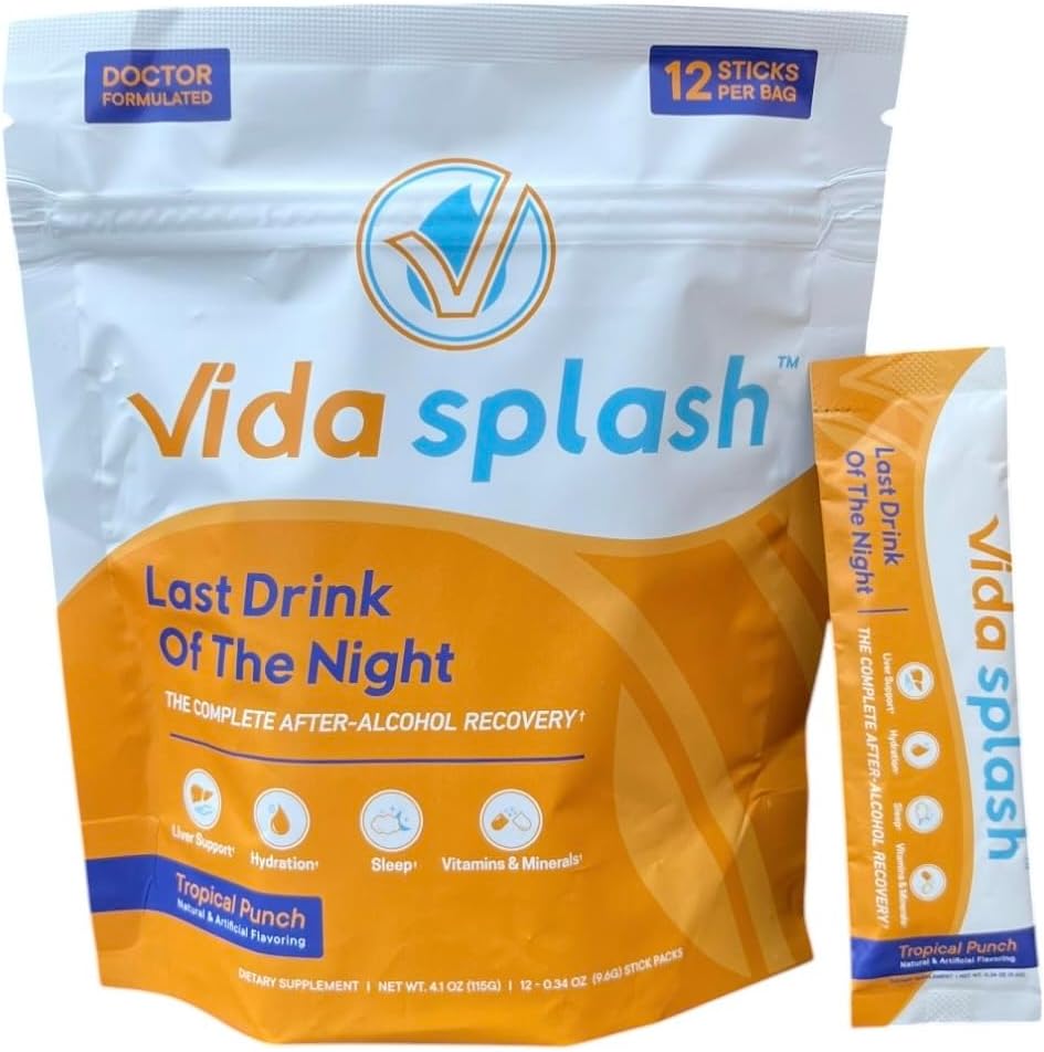 Vida Splash After-Alcohol Recovery Drink Mix, Tropical Punch Flavour, 12 Stick Packs - görsel 1