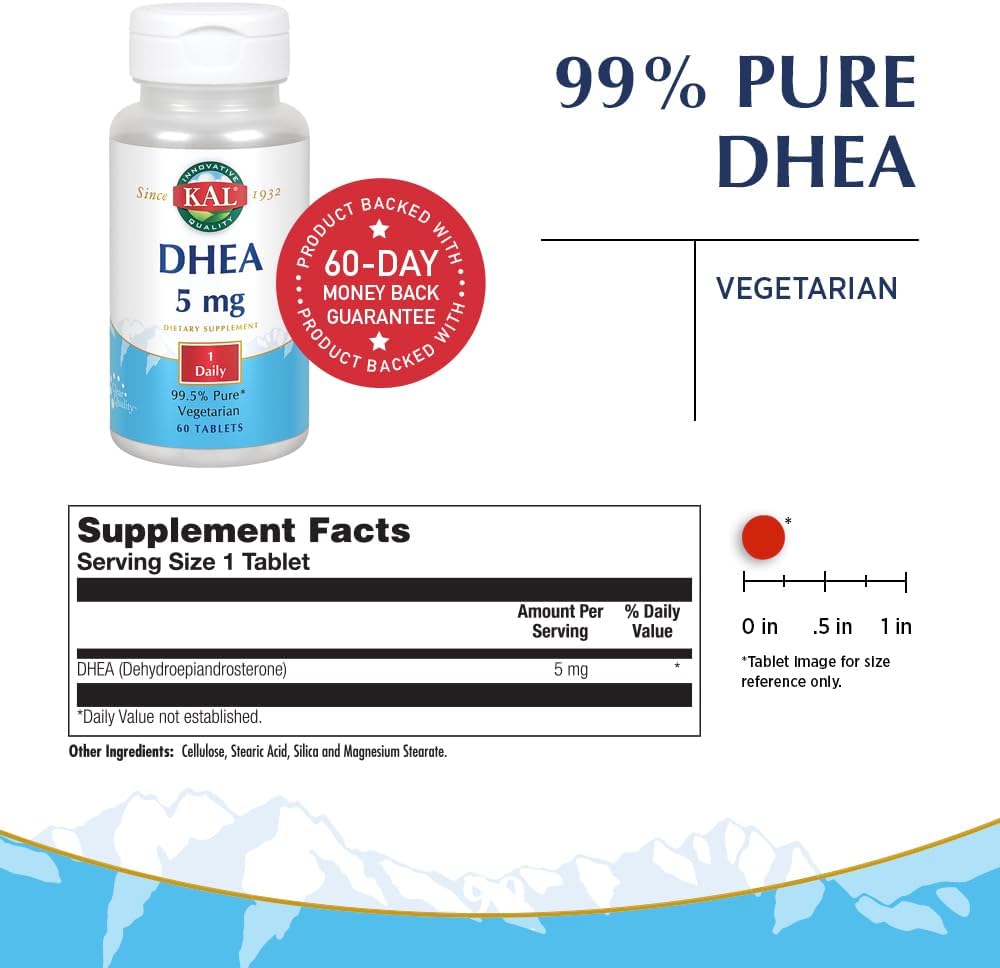 KAL DHEA 5 mg Tablets – DHEA Supplement for Men and Women, 99.5% Pure, Vegetarian, 60 Tablets - görsel 2