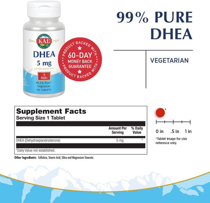 KAL DHEA 5 mg Tablets – DHEA Supplement for Men and Women, 99.5% Pure, Vegetarian, 60 Tablets