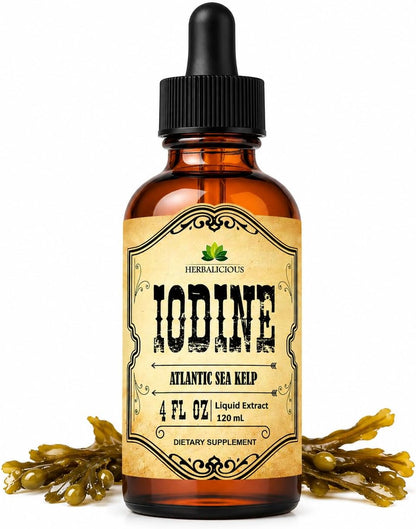 HERBALICIOUS Iodine Drops – Natural Iodine from Sea Kelp – Organic Non-GMO Thyroid Supplement – 118 ml