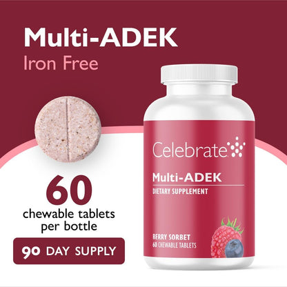 Celebrate Vitamins Multi ADEK Chewables, Iron-Free, Berry Sorbet Flavour (180 Chewable Tablets)