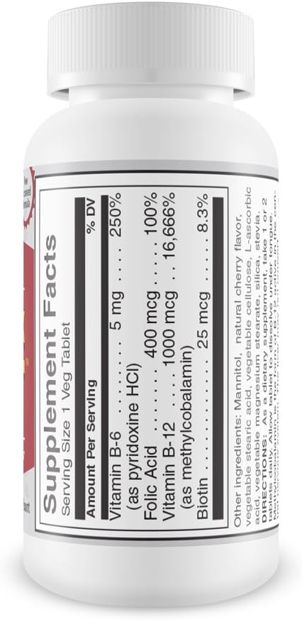 BioTree Labs Vitamin B12 Sublingual B-Complex with Methylcobalamin, B6, Biotin & Folic Acid – Cherry Flavour, 90 Tablets - görsel 3