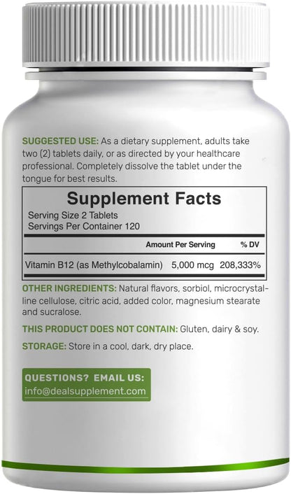DEAL SUPPLEMENT Methyl B-12 5000 mcg Chewable Tablets - Active Methylcobalamin, Strawberry Flavoured, 240 Count