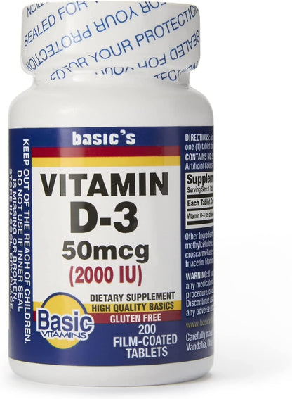 Basic Vitamins Natural Vitamin D3 2000 IU - 200 Film-Coated Tablets