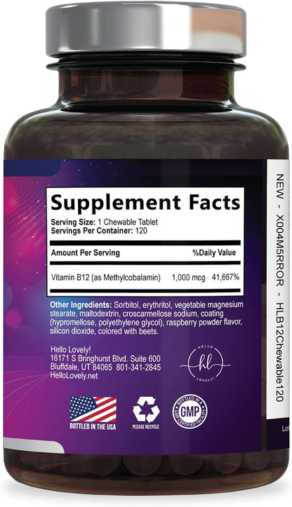 Vitamin B12 1000 mcg Chewable Tablets - Methylcobalamin B12 Complex for Energy, Heart & Nerve Support - Fast Dissolve, 120 Tablets