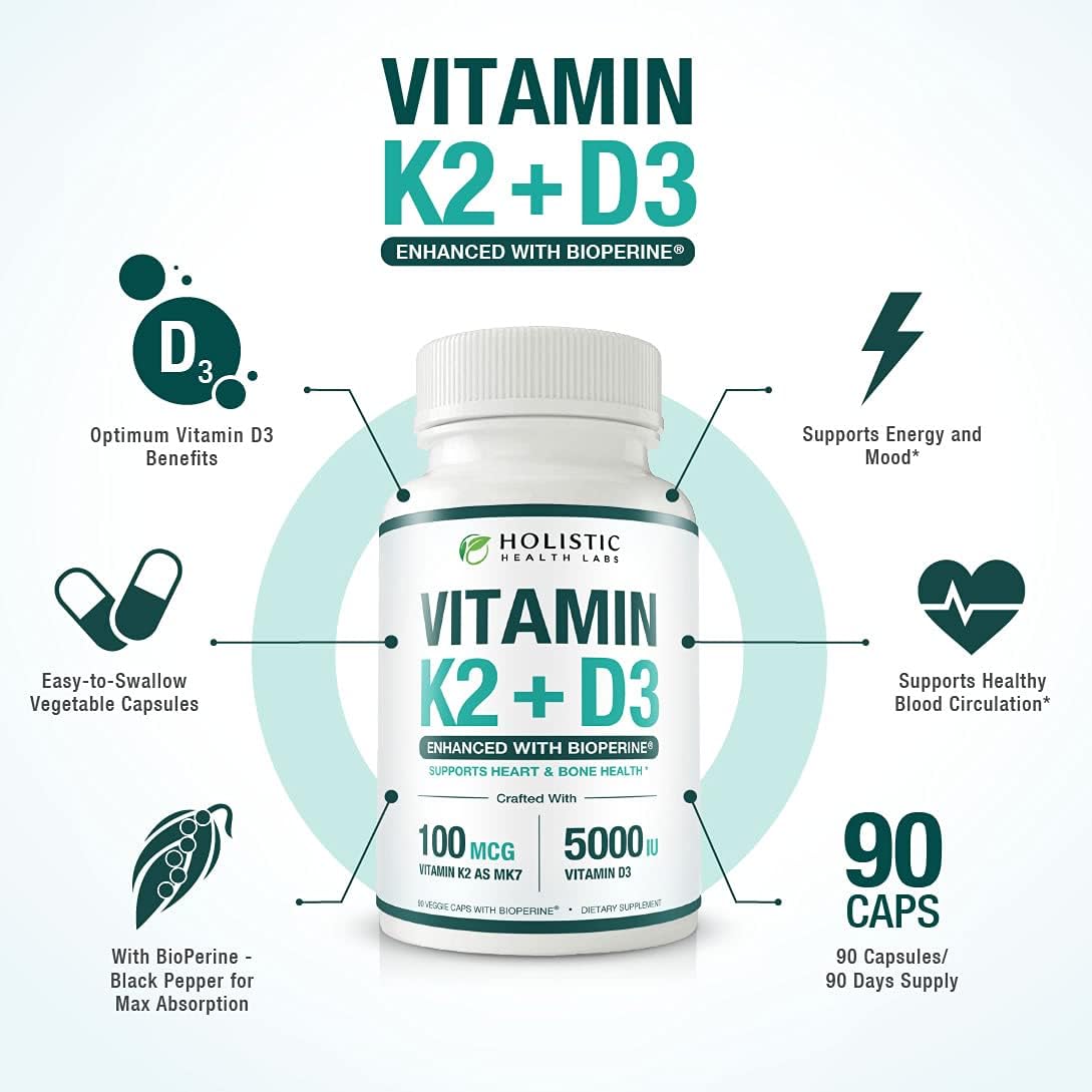 Holistic Health Labs Max Absorption Vitamin K2 + D3 (5000 IU) – 90 Veggie Capsules - görsel 2