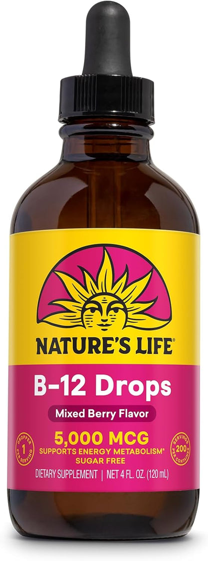 Nature's Life B12 Drops 5000 mcg - Vitamin B12 Methylcobalamin Liquid Supplement, Natural Mixed Berry Flavour, 59 ml