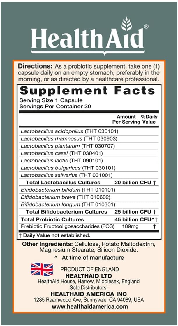 HealthAid Men’s Probiotic 45 Billion CFU – 10 Strains with Prebiotic – Supports Digestive Balance & Microbiome – Once Daily, Acid & Bile Resistant, Vegan - görsel 2
