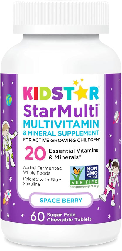 KidStar Nutrients StarMulti, Chewable Multivitamin and Multimineral Tablets for Kids, Plus Organic Fermented Whole Foods, Vegan, Sugar-Free, Space Berry, 60 Chewable Tablets