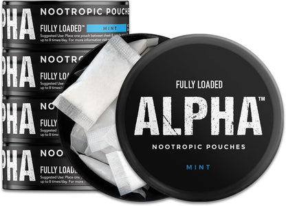 Fully Loaded Alpha Nootropic Pouches (Mint) - 5 Tins - 15 Pouches per Tin - Nootropic Delivery with Alpha GPC, L-Tyrosine, GABA