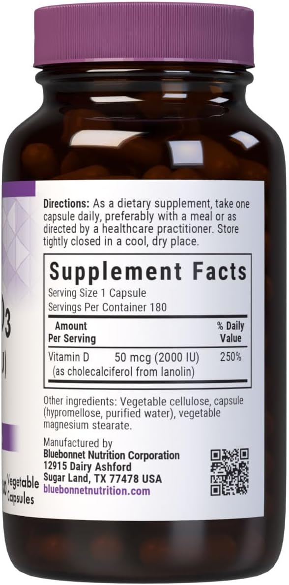 Bluebonnet Nutrition Vitamin D3 2000 IU Vegetable Capsules, 180 Capsules - görsel 2