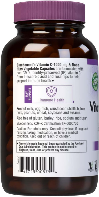 BlueBonnet Vitamin C 1000mg with Rose Hips – L-Ascorbic Acid, Vegan, Non-GM – 180 Vegetable Capsules