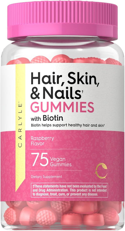 Carlyle Hair, Skin and Nails Gummies with Biotin 2500mcg, Vitamin C & E - Raspberry Flavour, 75 Count