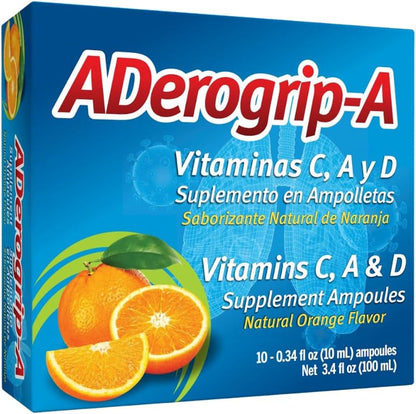 Aderogripa Immune Support Vitamins C, A & D Liquid Supplement, Natural Orange Flavour, 10 x 10ml Ampoules