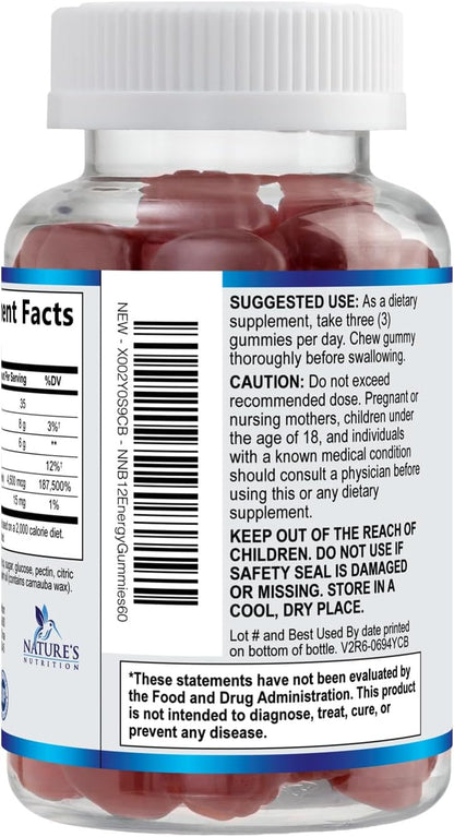 B12 Energy Gummies - 4500 mcg Vitamin B12 Per Serving - Extra Strength Chewable B12 Supplement - Natural Berry Flavoured - 60 Gummies