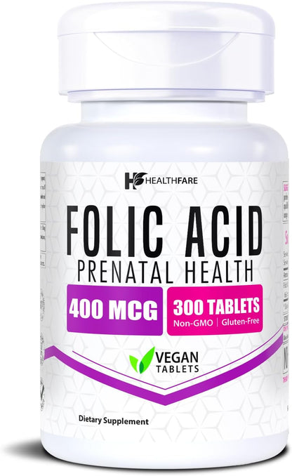Healthfare Folic Acid 400mcg | 300 Veg Tablets | Folate Vitamin B9 | Gluten-free & Non-GMO