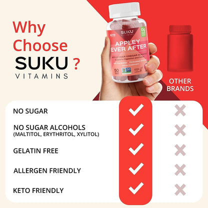 SUKU Appley Ever After Gummies – Apple Cider Vinegar with Methylated B12 & Folate – Sugar-Free, Vegan, Gluten-Free – 50 Gummies