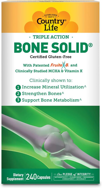 Country Life Bone Solid - Bone Health Supplement with MCHA, Calcium, Magnesium, Zinc, Vitamins K2 & D3 - 240 Capsules