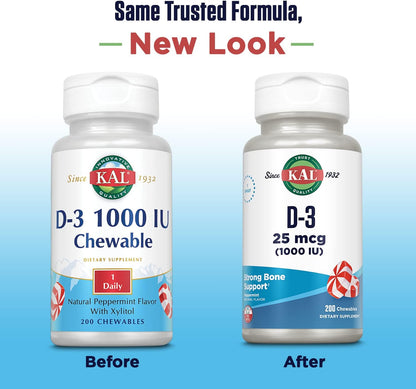 KAL Vitamin D-3 1000 IU Chewable Tablets - Peppermint Flavour - 200 Chews