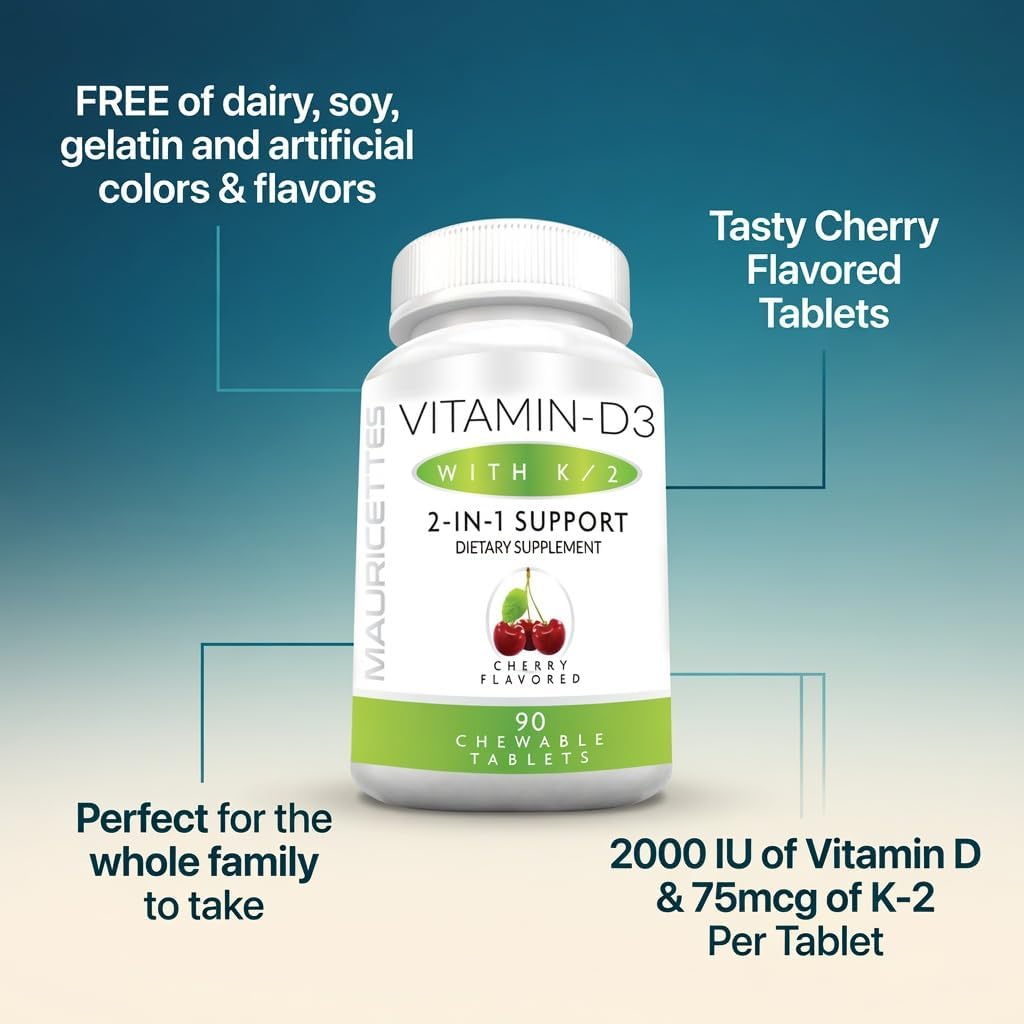 Mauricettes Chewable Vitamin D3 + K2 (MK-7) - Cherry Flavour - 2,000 IU, 90 Tablets - görsel 3