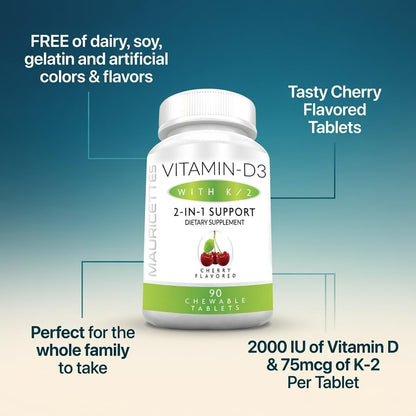 Mauricettes Chewable Vitamin D3 + K2 (MK-7) - Cherry Flavour - 2,000 IU, 90 Tablets