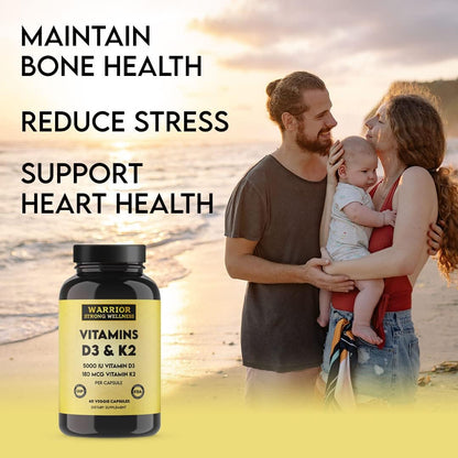 Warrior Strong Wellness Vitamin D3 with K2 - 5000 IU D3 & 180 mcg K2 (MK-7) - Bone Health & Immune Support - 60 Vegetable Capsules