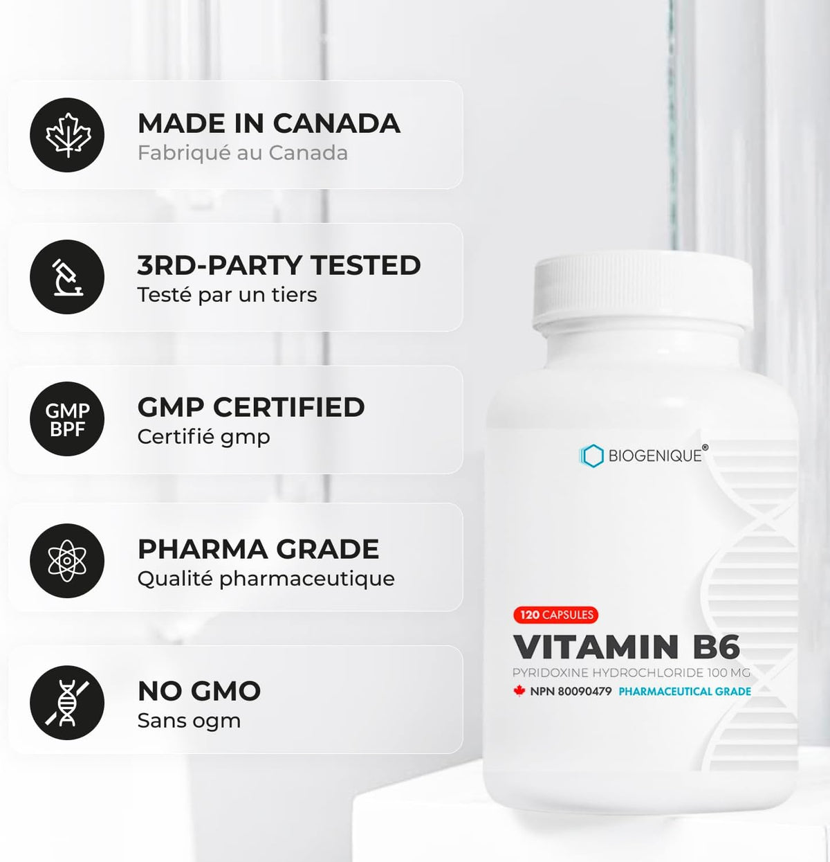 Biogenique Vitamin B6 100 mg - Pyridoxine Capsules - Contributes to Normal Energy Metabolism - 2-Month Supply - Vitamin B6 Food Supplement Made in Canada, Non-GMO, Vegan (120 Capsules) - görsel 3