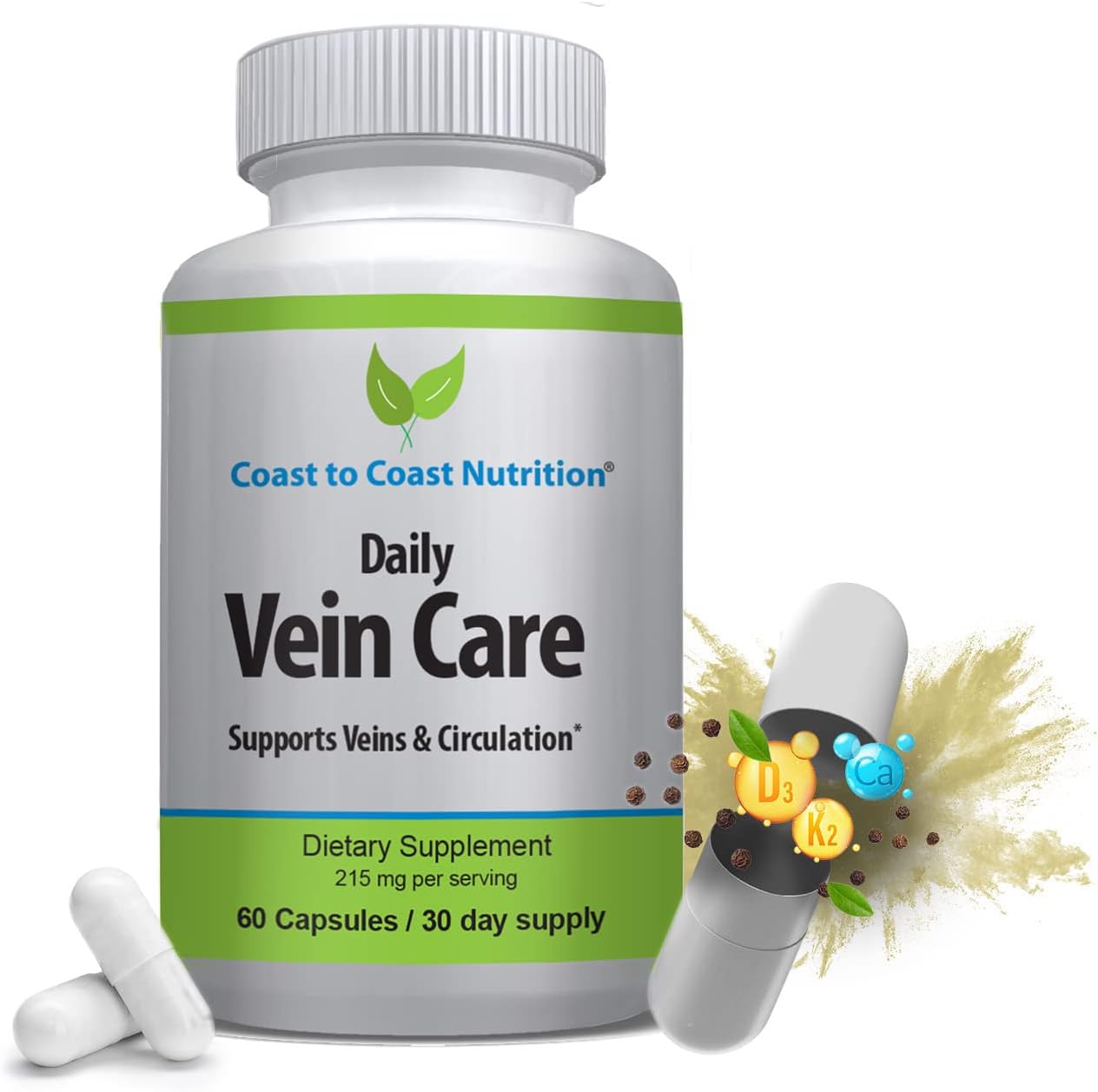 Daily Vein Care Supplement — Circulation Formula with Calcium, Vitamin D3, Vitamin K2 & BioPerine (60 Capsules) - görsel 1