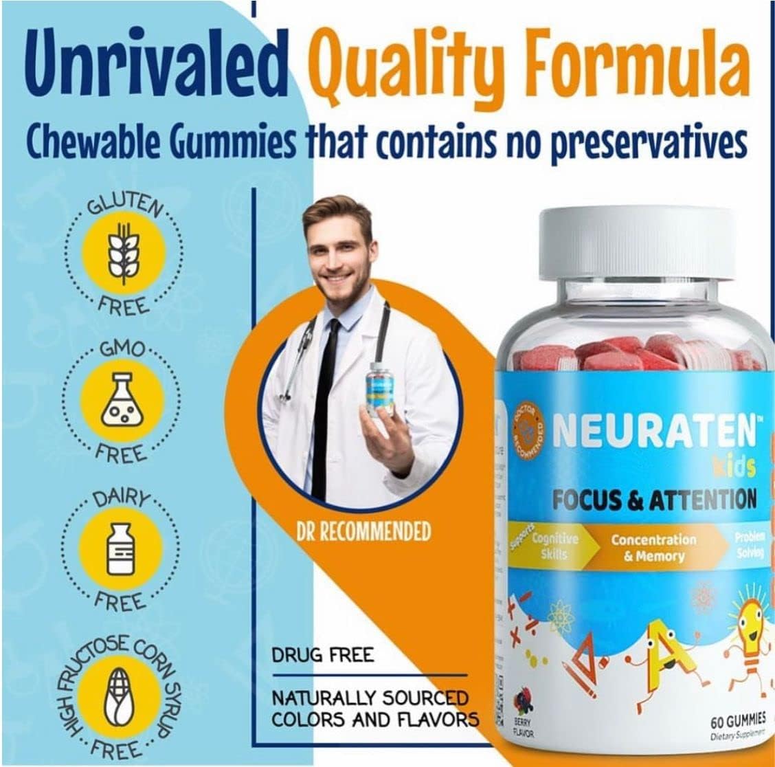 Neuraten Kids Focus & Attention Dietary Supplement - 60 Gummies (Berry) - görsel 3