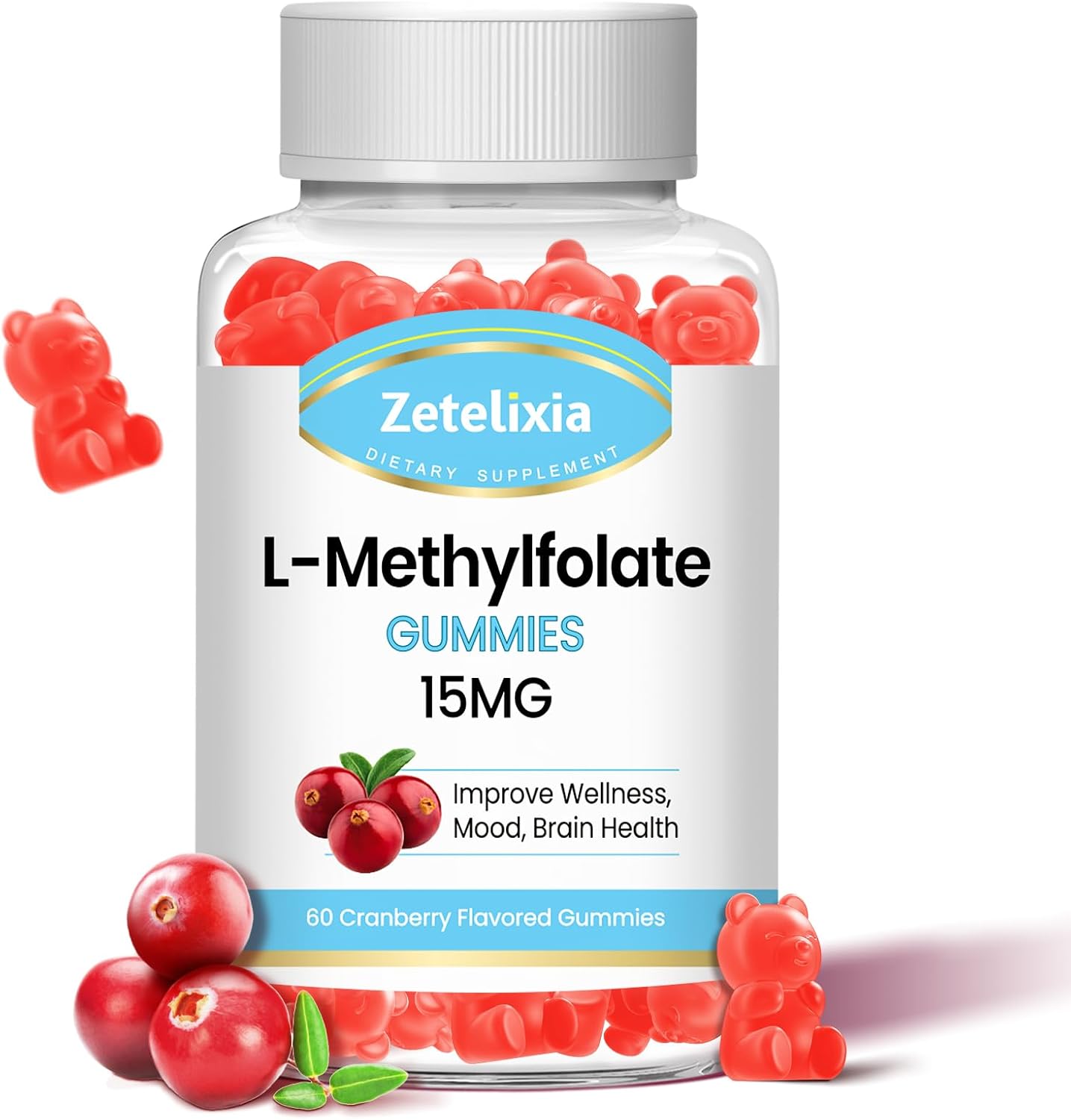 Zetelixia L-Methylfolate 15mg & Methyl B12 Gummies – Folate Supplements for Brain Health, Mood & Immunity, Sugar Free, Vegan, Cranberry Flavour, 60 Count - görsel 1