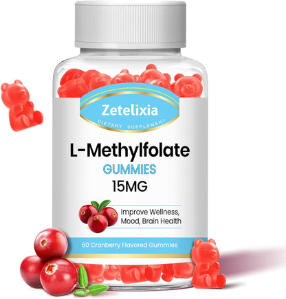 Zetelixia L-Methylfolate 15mg & Methyl B12 Gummies – Folate Supplements for Brain Health, Mood & Immunity, Sugar Free, Vegan, Cranberry Flavour, 60 Count