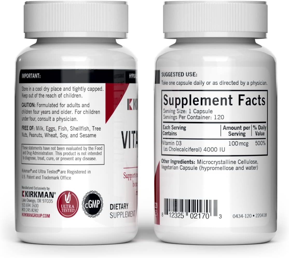 Kirkman Vitamin D3 4000 IU - 120 Vegetarian Capsules - Hypoallergenic - görsel 2