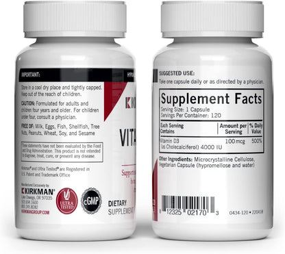 Kirkman Vitamin D3 4000 IU - 120 Vegetarian Capsules - Hypoallergenic