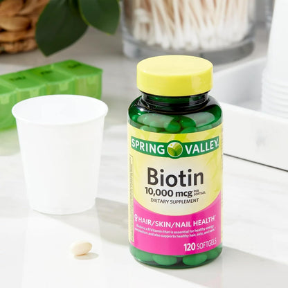 Spring Valley Biotin 10,000 mcg, 120 Count, Soft gel capsules, Biotin for Hair, Skin, Nail Health