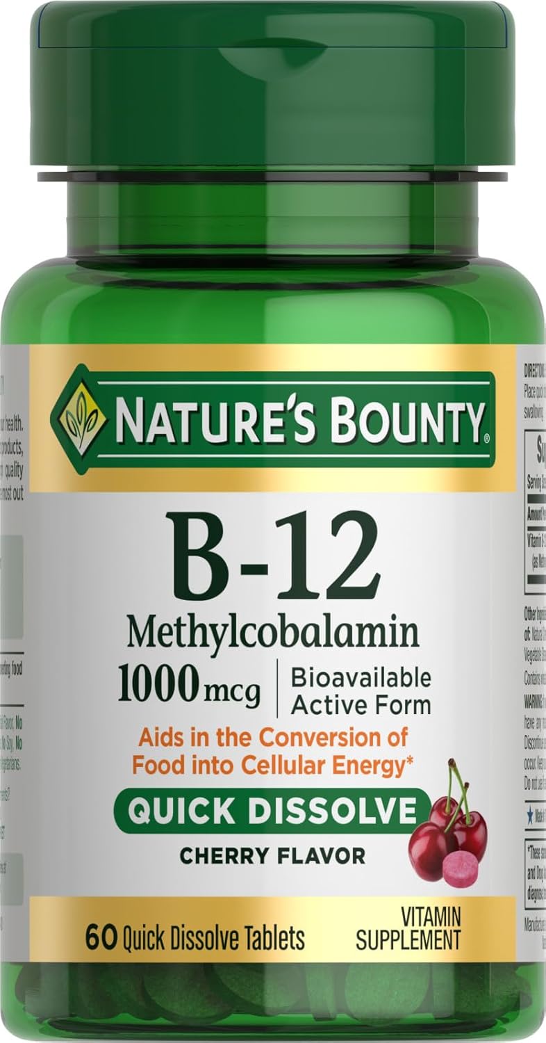 Nature's Bounty Vitamin B12 1000mcg Quick Dissolve Tablets, Cherry Flavour, 60 Count - görsel 1