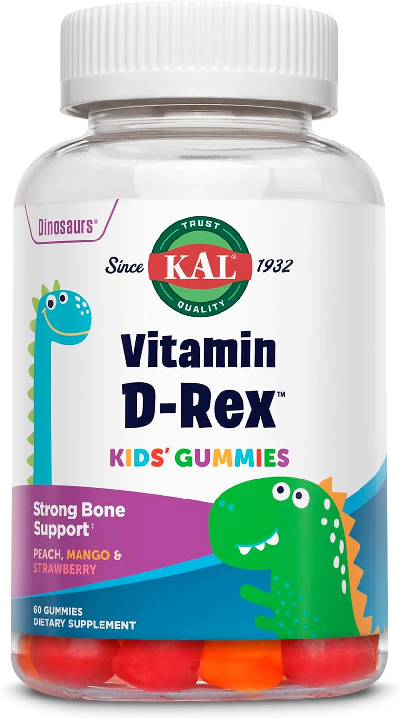 KAL Vitamin D-Rex – Vitamin D3 Gummies for Children – Peach, Mango & Strawberry Flavours – 1000 IU (60 Gummies) - görsel 1