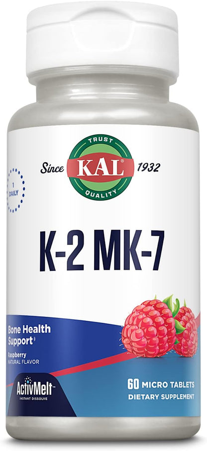 KAL Vitamin K2 MK7 ActivMelt 100 mcg Tablets - Vitamin K Supplement for Nutritional Support for Women & Men, Non-GM, Vegan, Gluten-Free - Natural Raspberry Flavour, 60 Micro Tablets