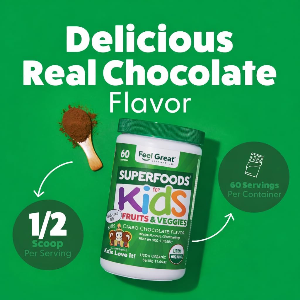 Feel Great USDA Organic Super Greens Powder for Kids – Cocoa Chocolate | Fruit and Vegetable Supplement with Probiotics & Digestive Enzymes - görsel 7